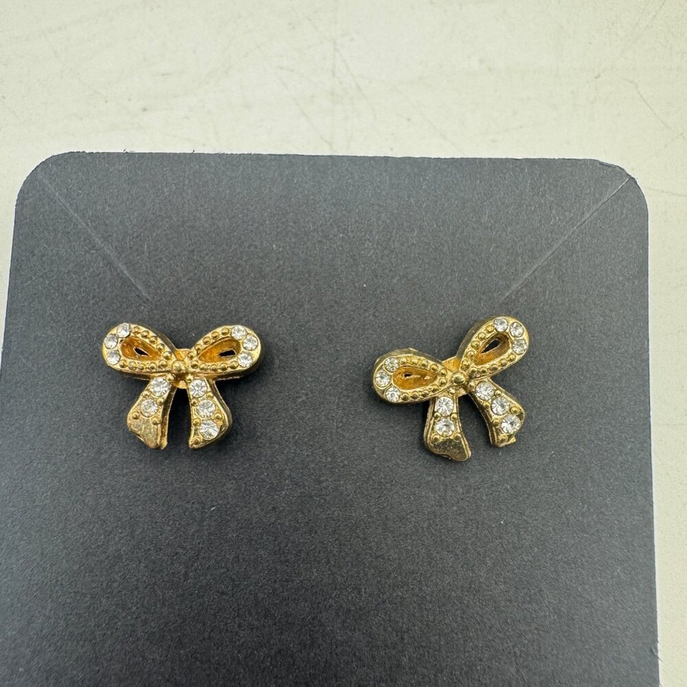 Gold Tone Bow Rhinestone Stud Earrings Crystal Accents Elegant Jewelry Gift Idea